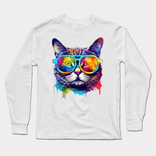 Colorful Cat with Glasses Long Sleeve T-Shirt